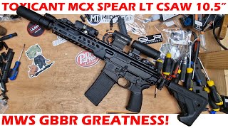 Toxicant MWS MCX Spear LT CSAW 105quot GBBR  Setup amp Chrono [upl. by Yatnahs]