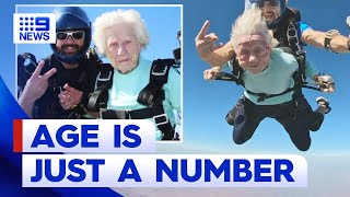 104yearold daredevil becomes worlds oldest skydiver  9 News Australia [upl. by Ynnos983]