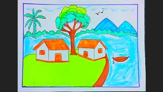 How to draw village sceneryগ্রামের দৃশ্য আঁকা gramer chobi aka [upl. by Nednal]