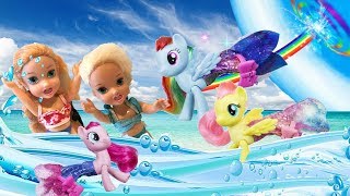 Anna and Elsa Toddlers Meet My Little Pony Mermaids Barbie Boat Swimming Pool Toys Dolls Sea Ponies [upl. by Arreic967]