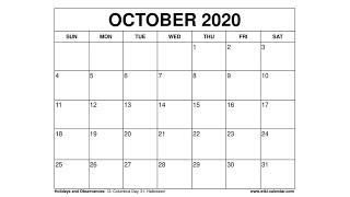 Free Printable October 2020 Calendar  WikiCalendarCom [upl. by Aggappe]