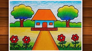 Very Easy House Scenery Drawing  How to Draw Scenery Step by Step  Scenery [upl. by Sarah]