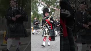 Drum Major Rennie leading Kintore Pipe Band marching to 2023 Braemar Gathering in Scotland shorts [upl. by Dray]