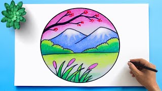 Easy Scenery Drawing  Colorful landscape to draw [upl. by Enimrac7]