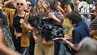 Jennifer Aniston has fake oil thrown on her while filming ‘The Morning Show’ [upl. by Guerra]