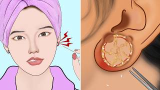 ASMR Remove Unmanaged Huge Infected Ear Piercing Ring  Maggots Removal Animation [upl. by Ahras]