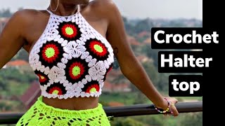 Crochet sunburst granny square top tutorial  Crochet floral motif halter top  Halter Top Tutorial [upl. by Armat]