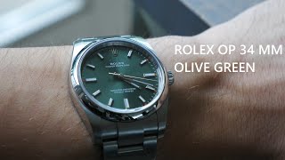 Rolex Oyster Perpetual OP 34mm Olive Green 114200 Close Up 4K [upl. by Narik]