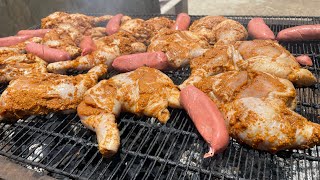 Grilling chicken thighs and sausages on a grill standMarinade Recipe [upl. by Anitsenre280]