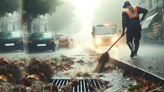 Draining Floods by Unclogging Blocked Drains Drainage for Flooded Streets in Rainstorms [upl. by Ever]