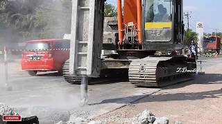 Excavator Working for New Road Contructions Cutting Breaking Concrete Road by Hitachi Zaxis 210f [upl. by Nitsew713]