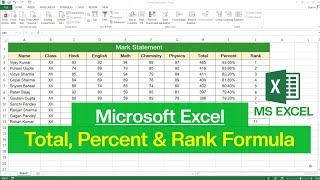 MS Excel  Total Percent and Rank Formula  Rank Formula in Excel  Marksheet in Excel [upl. by Douty]