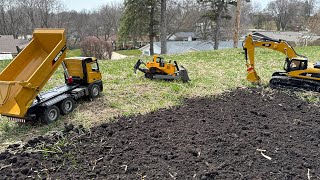 Filling a low spot in my yard  RC excavator CAT 330D dump truck Huina 1582 bulldozer [upl. by Atews992]