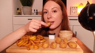 Up close fish scampi 🍤 amp chips curly fries crunchy ASMR mukbang  No talking 🤫 [upl. by Alakam]