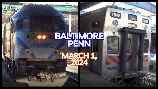 Coming amp Going at Baltimore Penn MARC Train Meet  March 1 2024 [upl. by Rennug410]