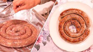 Meaty Homemade Pork SAUSAGE Twisted in Rings STEWED and FRIED [upl. by Ardnyk722]