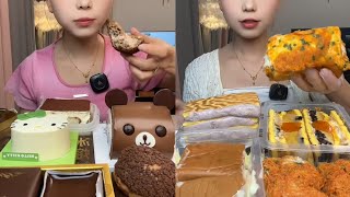 Asmr Eating Tiramisu CakeChocolate PuffChoco FudgeContainer CakeEating Cake Dessert Mukbang [upl. by Olimac773]