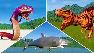 T REX VS TITANOBOA VS MEGALODON  TOURNAMENT  WHO WOULD WIN   JURASSIC WORLD EVOLUTION [upl. by Carper751]