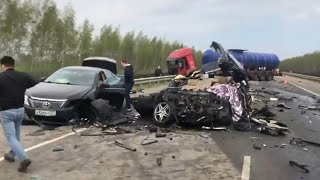 Russia Mercedes driver killed in brutal highspeed collision with truck [upl. by Aimil280]