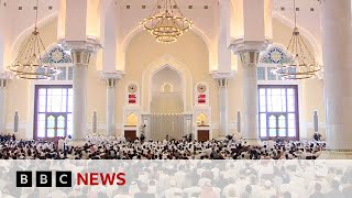 Mourners gather as Hamas leader Ismail Haniyeh is buried in Doha Qatar  BBC News [upl. by Reichert]