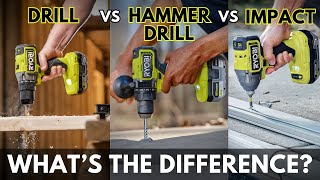 Drill vs Impact Driver vs Hammer Drill EXPLAINED  RYOBI Tools 101 [upl. by Deibel]