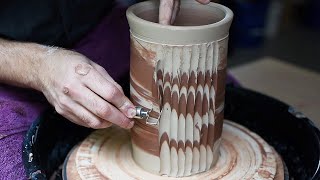 ASMR Pottery  Carving a Fluted Agateware Jar [upl. by Eissoj595]