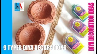 9 easy ways to decorate plain Diya at home  Diya painting ideas  Diwali decoration [upl. by Nylaehs638]