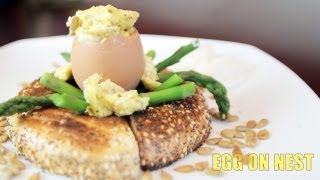 Scrambled egg with cream cheese in shell on Asparagus Bagel [upl. by Annawak]