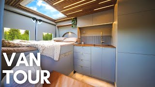 VAN TOUR with HIDDEN SHOWER  Modern Cozy DIY VAN BUILD with Expanding Kitchen Skylight and Garage [upl. by Crandall400]