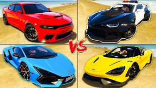 Lamborghini Revuelto vs Dodge Charger vs McLaren 765 vs Police Vigero ZX  GTA 5 Mods Which is best [upl. by Nnylak656]