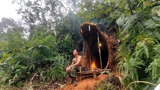 I built a Tigershaped shelter using bamboo and clay  safe and cozy with a fireplace  Solo camping [upl. by Atalanti]