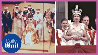 Queen Elizabeth II puts on a gold robe during Coronation in Westminster Abbey 1953 [upl. by Ailemor]