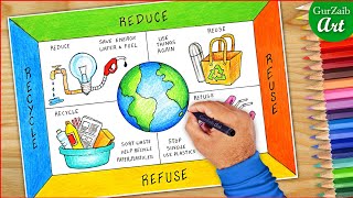 How to draw Reduce Reuse Refuse Recycle poster drawing  Chart for beginners [upl. by Suryc]