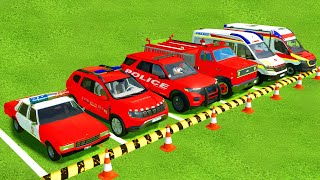 TRANSPORTING ALL RED POLICE CARS amp AMBULANCE EMERGENCY WITH MAN TRUCKS  Farming Simulator 22 [upl. by Obola]