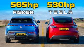 530hp Model Y Performance v 565hp Fisker DRAG RACE [upl. by Yenhpad575]