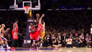 Julius Randle injury broken leg in NBA debut  Rockets at Lakers [upl. by Neelhsa]