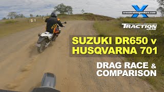 DR650 v Husqvarna 701 drag race amp comparison review︱Cross Training Adventure [upl. by Adyan]