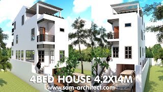 4 Stories Narrow House 42x14m With 4 Bedrooms Plan  Sketchup [upl. by Laerol611]