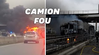 Dans lOise un camion percute un péage après une coursepoursuite et prend feu [upl. by Bang]