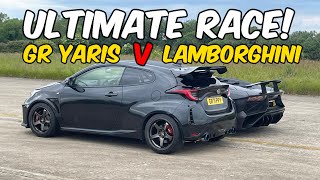 Crazy Drag Race 600hp GR Yaris v Lambo Aventador SV  Carwow [upl. by Walliw]