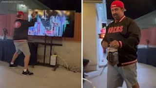 Angry 49ers fan smashes TV with whiskey bottle after team loses Super Bowl [upl. by Orteip145]