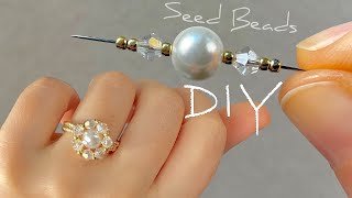 DIY Pearl Beaded Ring Tutorial  Seed Bead Ring Making Guide [upl. by Ycnaf]