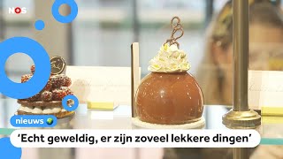 Pudding chocoladevla en brownies in een toetjes tentoonstelling [upl. by Akimyt]