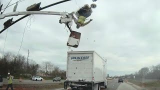 Truck crash sends worker flying out of construction bucket [upl. by Dachi]