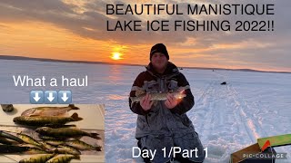 Ice Fishing for PERCHWALLEYEPIKE in GODS COUNTRY  Big Manistique Lake Curtis Michigan  Part 1 [upl. by Nannarb768]