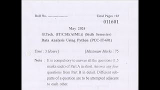 BTECH CS Data Analysis Using Python question paper 2024  YMCA [upl. by Enram]