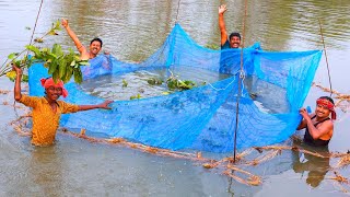 Village style net fishing and cooking  village fishing video  Prawn fish catch and cook [upl. by Caplan]