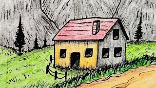 Scenery Landscape Drawing  Colored Pencils and Ink Pencil Sketch Lesson Mountains House Trees [upl. by Kenji]