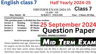 class 7 english mid term question paper 202425  half Yearly 2024 class 7 english  cbse [upl. by Eimarrej]