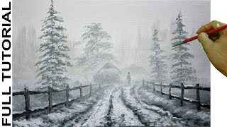 Acrylic Landscape Painting Tutorial Road to Misty Snow Village with Walking Man by JM Lisondra [upl. by Ekard]